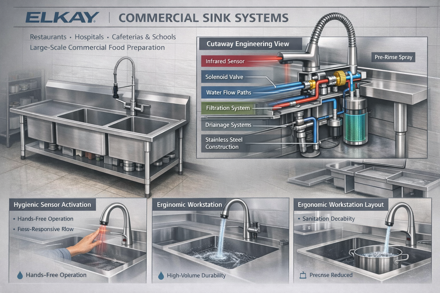 Elkay commercial sink systems in foodservice and institutional kitchens